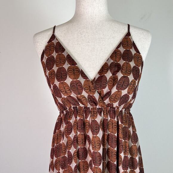 Molly Bracken NWT Maxi Dress Medium Camel Inaya Printed Mask Design Brown Summer - Picture 3 of 16